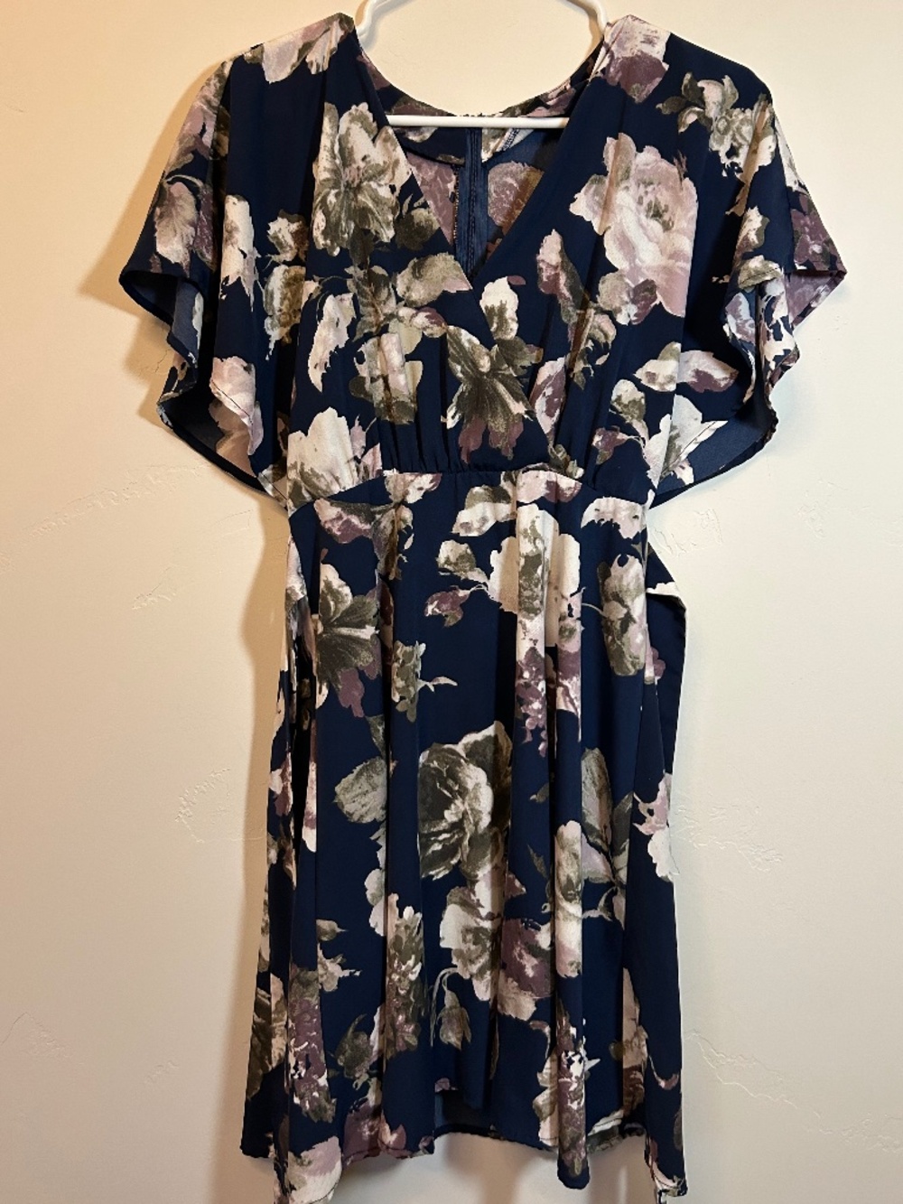 Navy Dark Floral Flutter Sleeve Mini Dress (S)